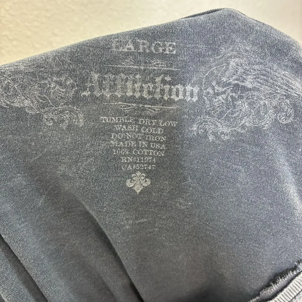 Affliction Shirt Womens Large Gray Skull Roses Top Hat Graphic Tee Gothic